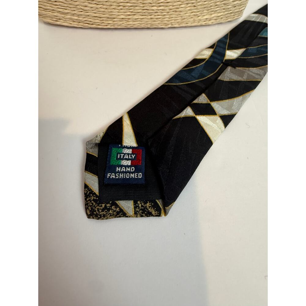 Vintage Valentino Giovanni Silk Tie Black Teal Gold Geometric Italy - Picture 2 of 4